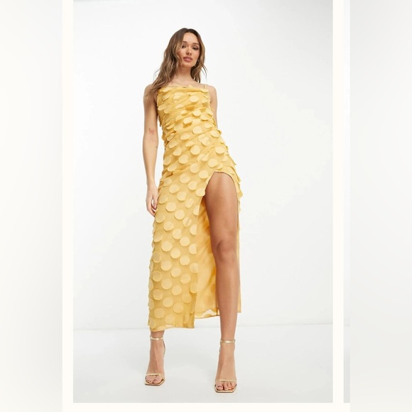 ASOS Thin Straps High Thigh Slit Cowl Neck Pale Yellow Textured Circle Dress - Picture 13 of 16